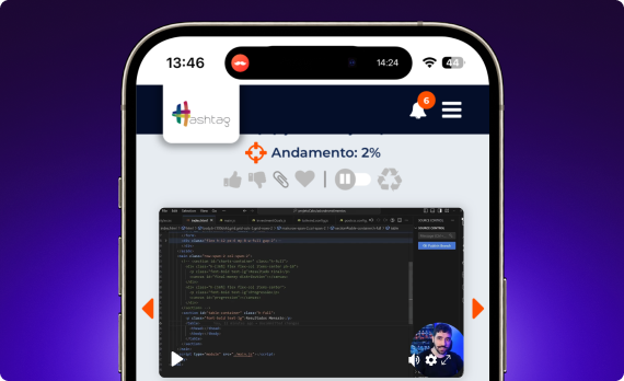 Imagem com fundo roxo e no meio um smartphone com a plataforma JavaScript Impressionador
